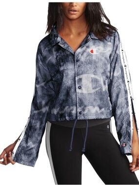 Champion Blue Faux Denim Logo Life Womens Zipper Tape Cropped Coaches Jacket